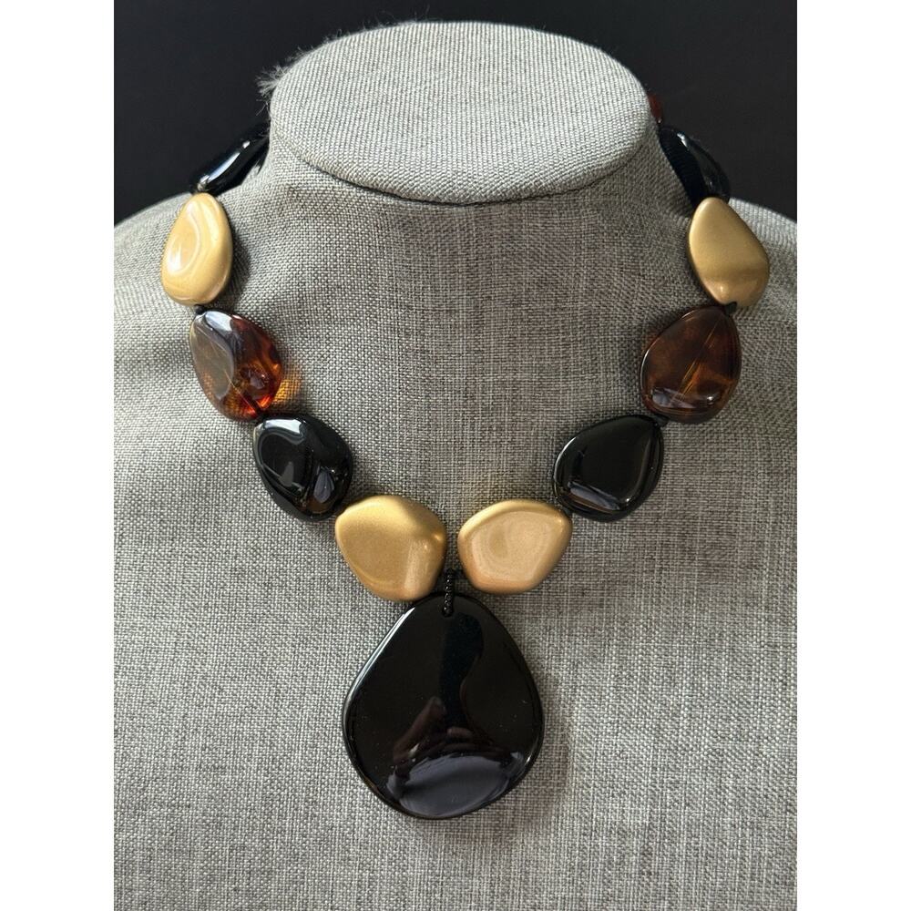 Vintage Lucite Oversized Flat Bead Tortoise Metallic Deco Mod Statement Necklace